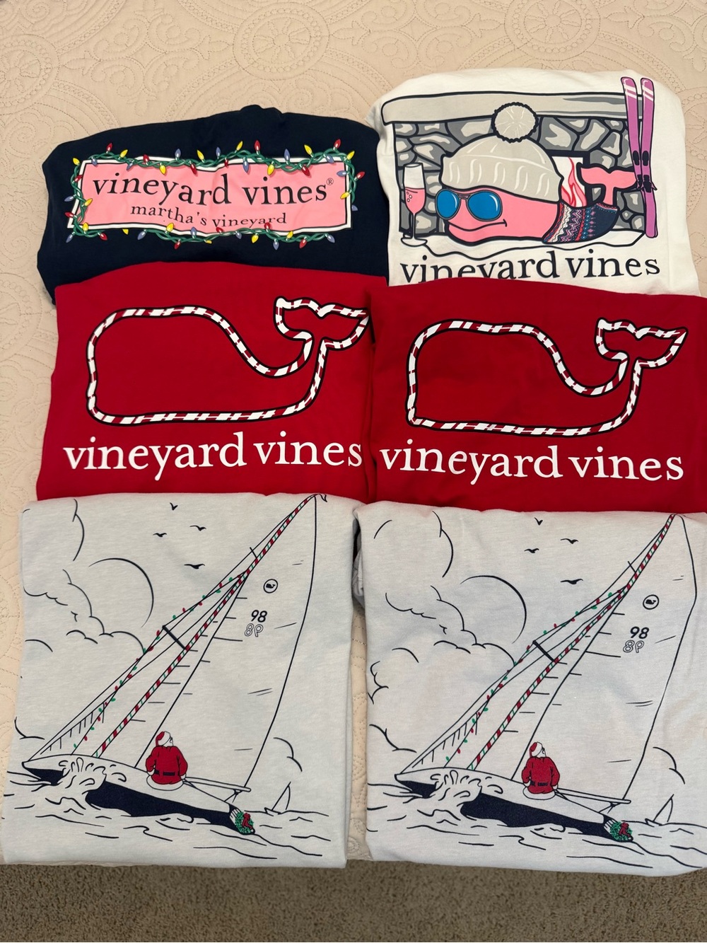 Vineyard Vines Tee Bundle — Red, Navy, White, Light Gray Holiday